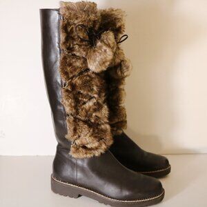 Lands End Lace Up Faux Fur Tall Leather Boots Womens 11 Brown Pom Pom Winter